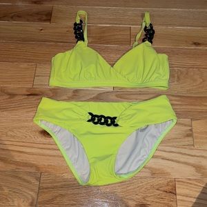 Karla Colletto green bikini top size 12 and bottom size 10 with black chain